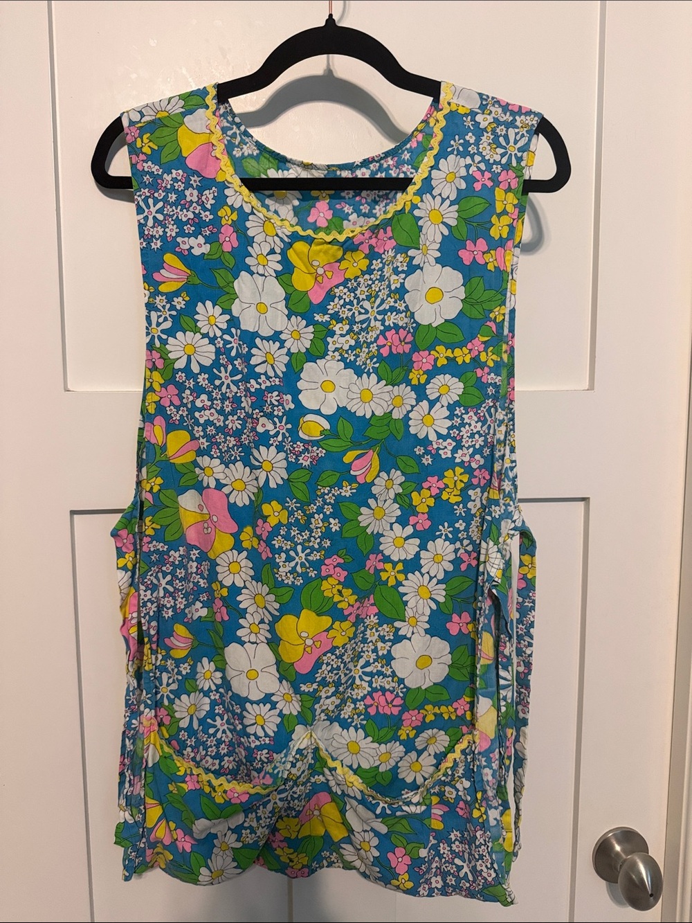 Vintage 70s Handmade Blue Floral Sleeveless Tank Top Apron with Side Ties
